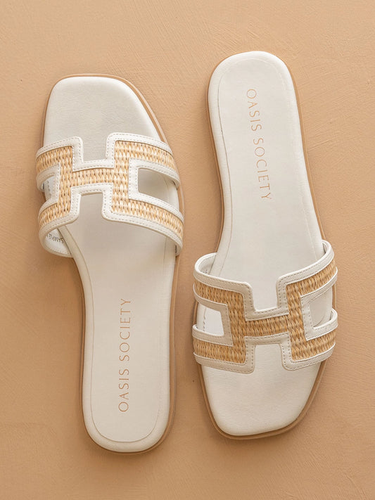 Ena White H Raffia Slide