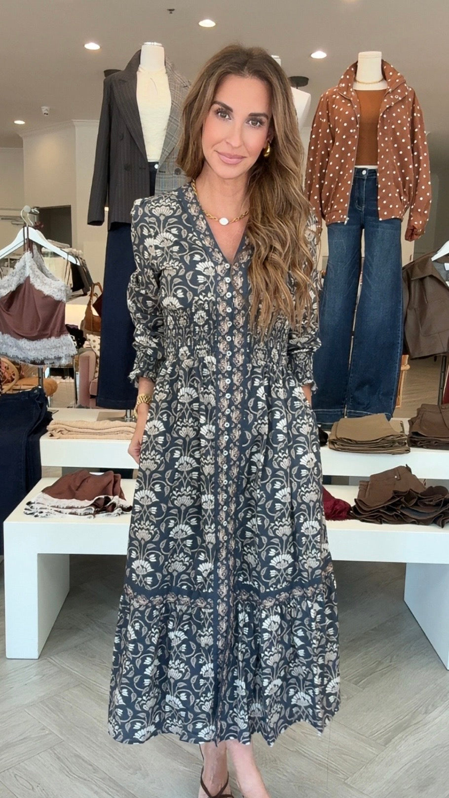Navy Floral Print Smock Midi