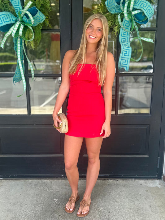 Red Gathered Strapless Mini