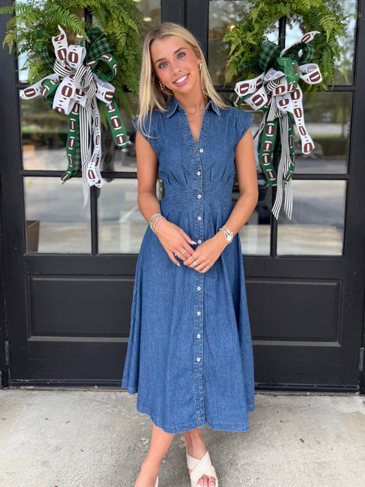 Denim Button Cinched Waist Dress