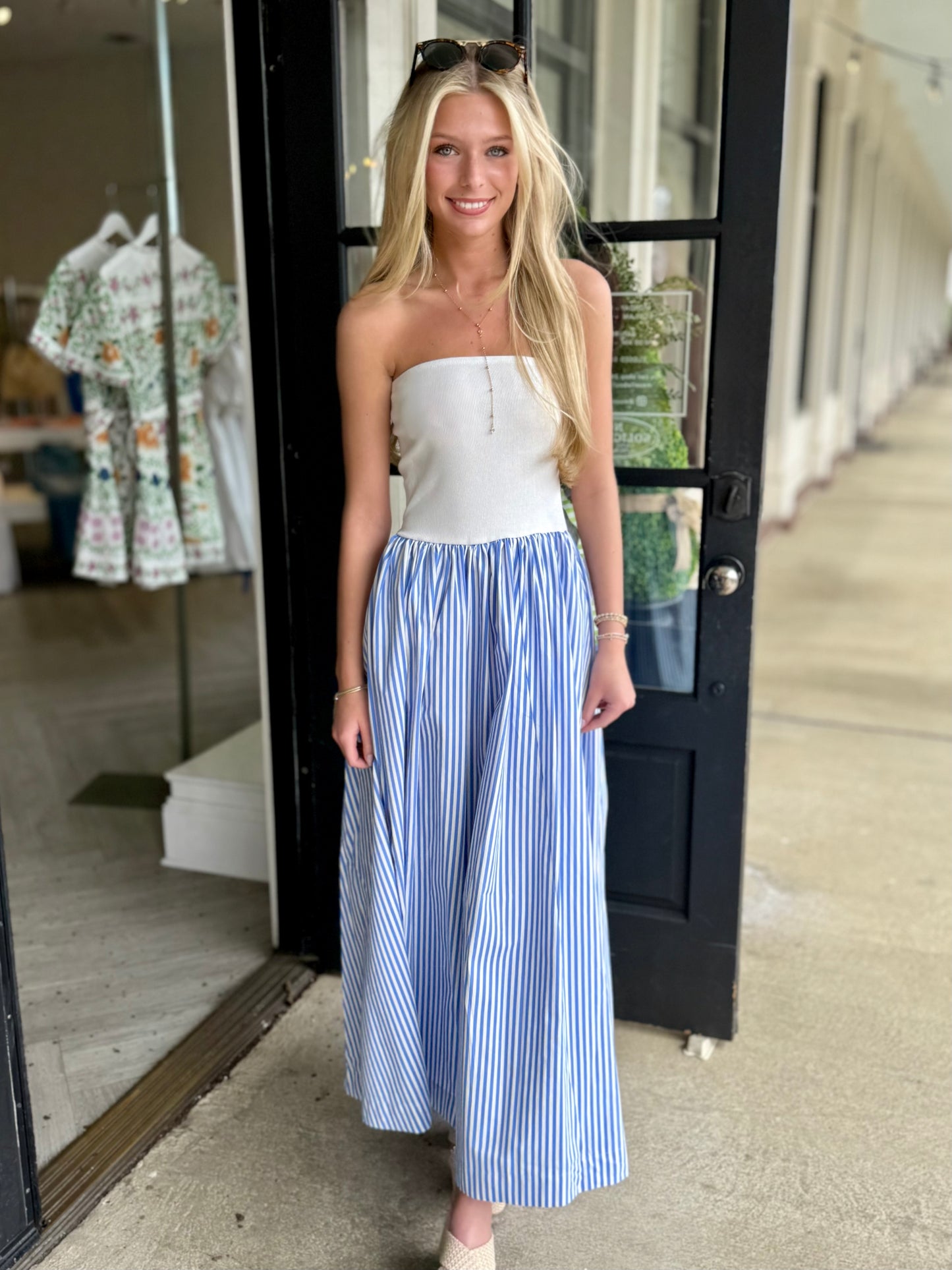 Blue Mixed Media Strapless Maxi