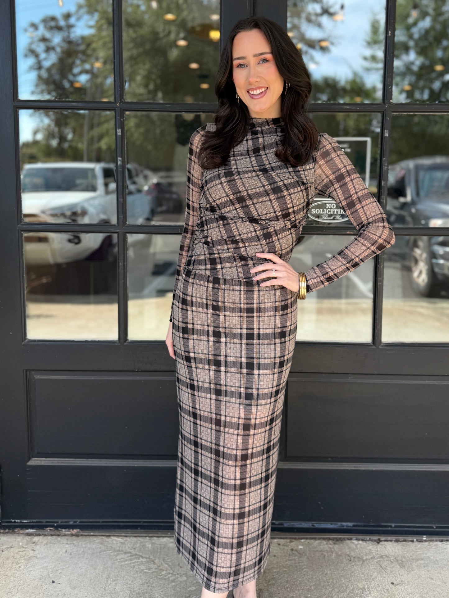 Brown Plaid Mesh Midi