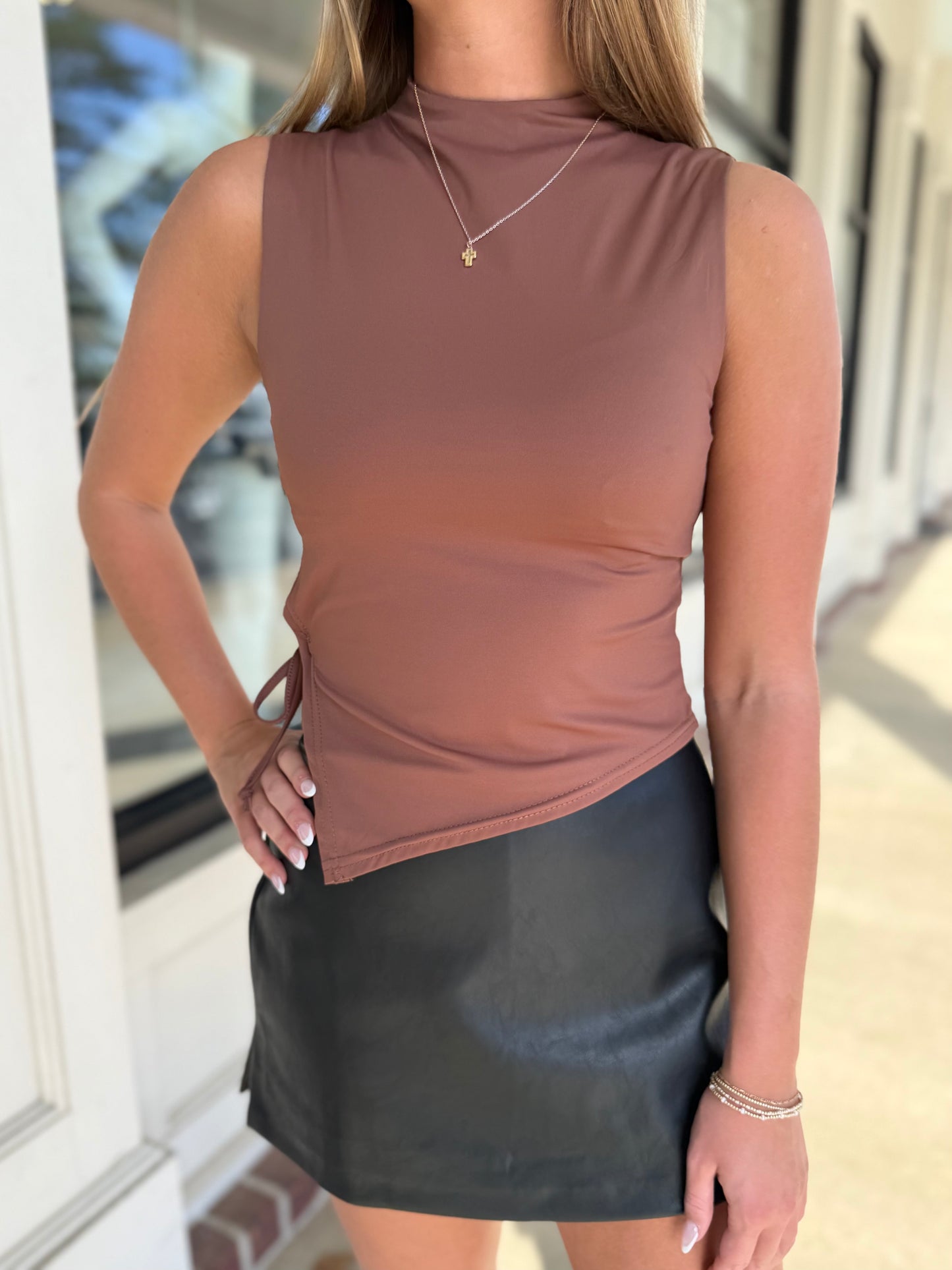 Brown Asym. Mock Neck