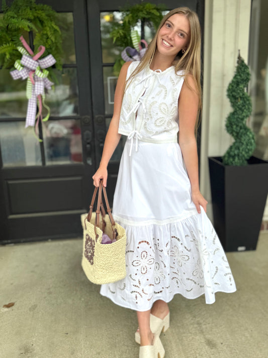 White Eyelet Lace Midi Skirt