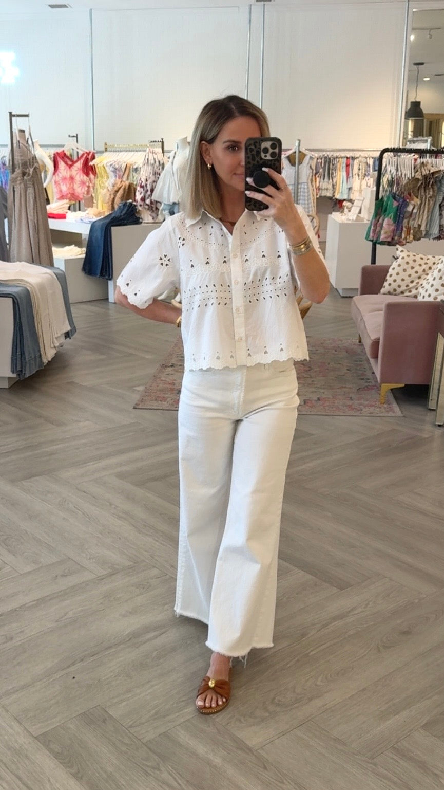 White Button Front Scallop Top