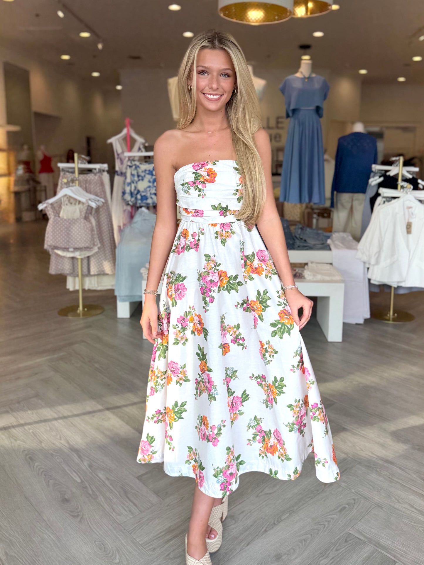 White Peonies Strapless Midi
