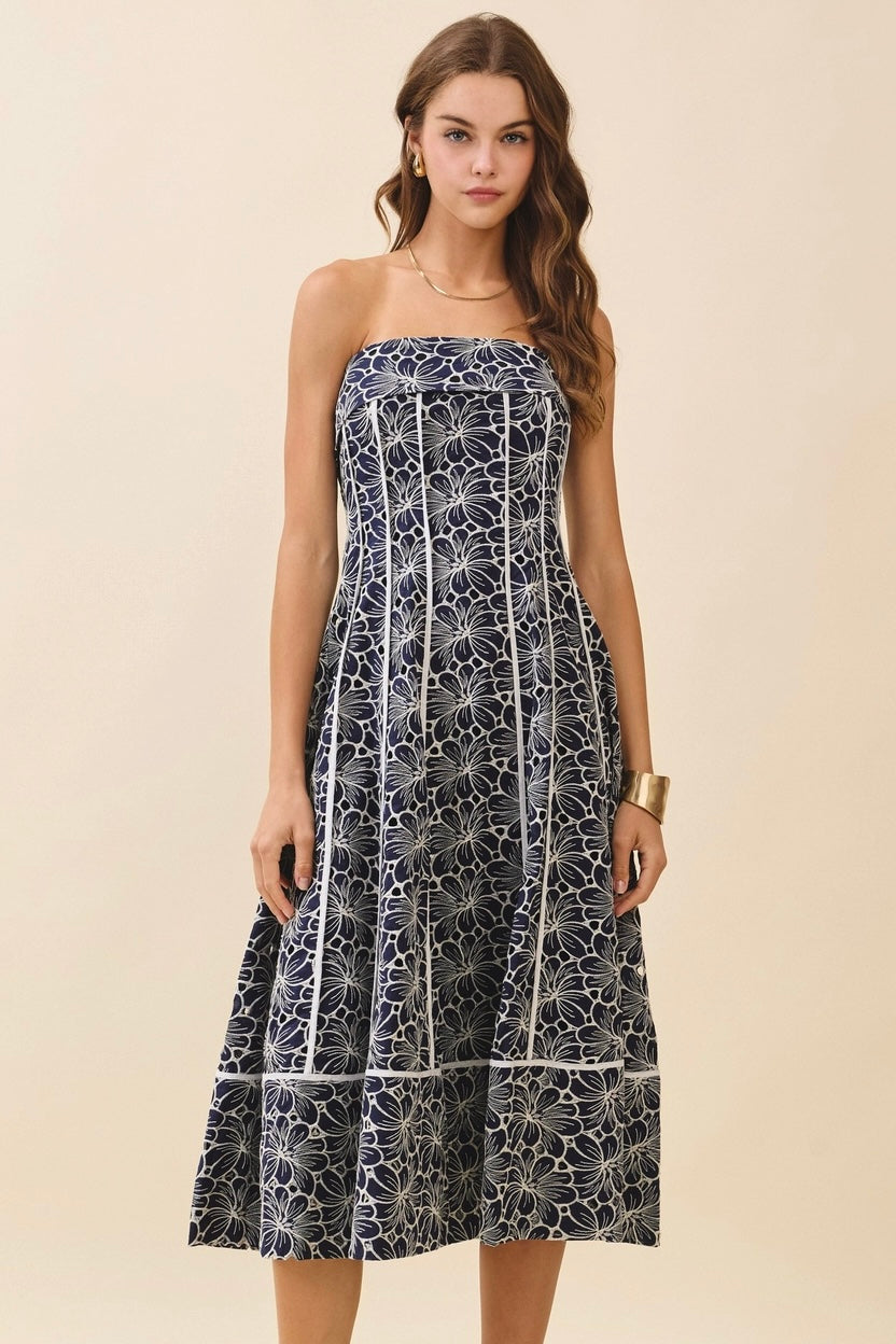 Navy Floral Piping Strapless Midi