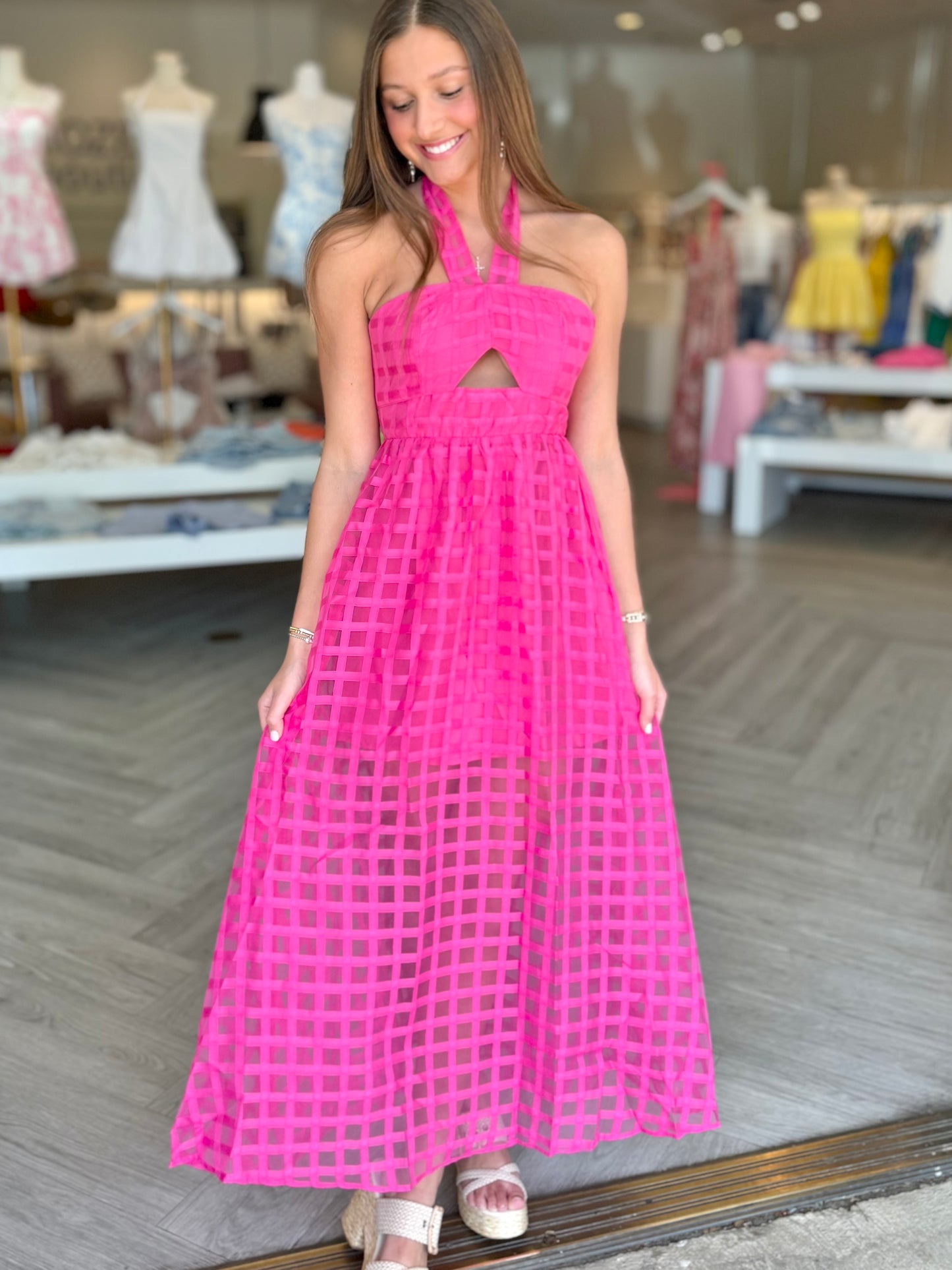 Hot Pink Cut Out Halter Dress