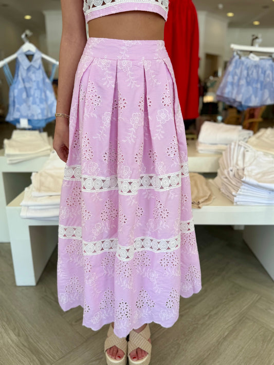 Pink Eyelet Midi Skirt