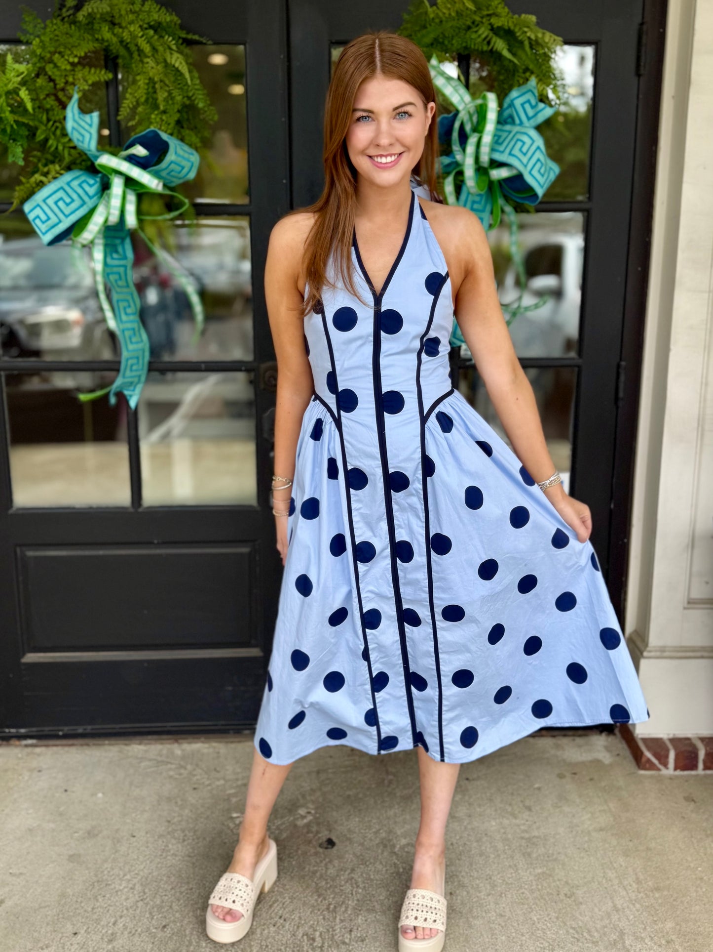 Blue Polka Dot Halter Maxi