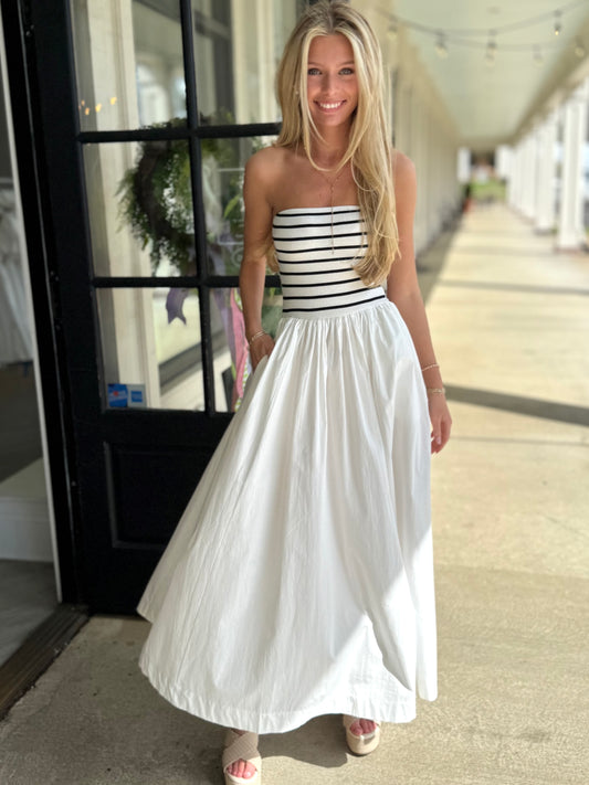 White Mixed Media Strapless Maxi