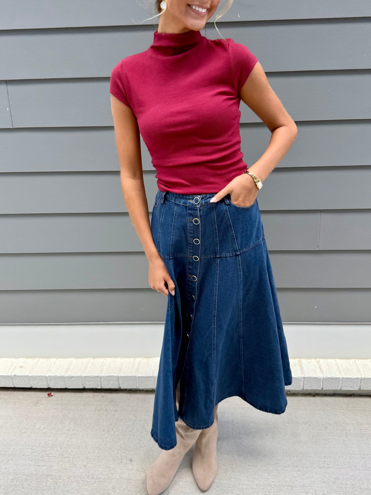 Blue Panel Detail Midi Skirt