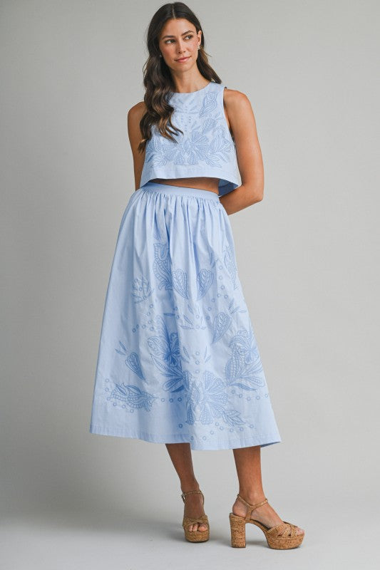 Blue Floral Cutout Midi Skirt