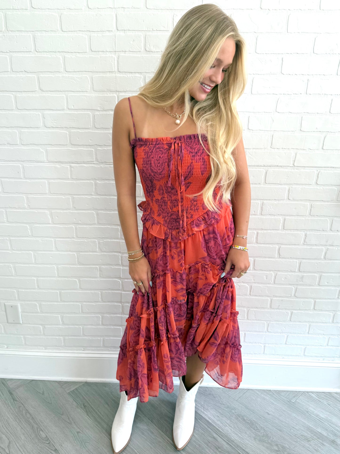 Magenta Rose Smocked V Midi