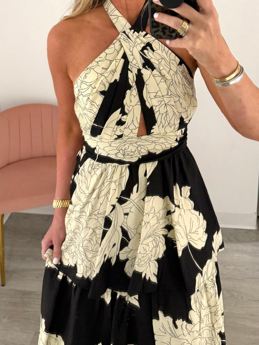 Black Tiered Halter Floral Maxi