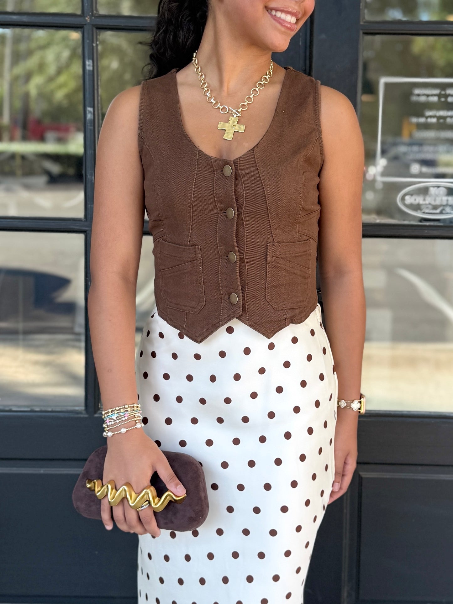 Brown Cropped Button Vest