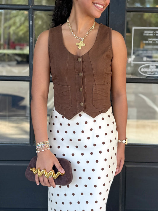 Brown Cropped Button Vest