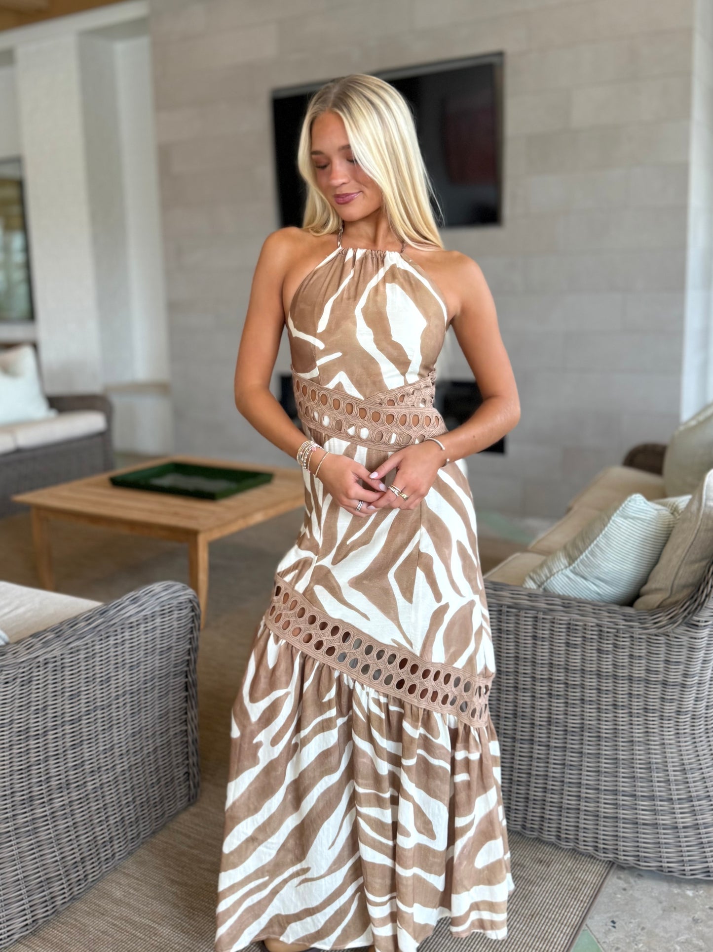 Zebra Print Hollow Halter Maxi