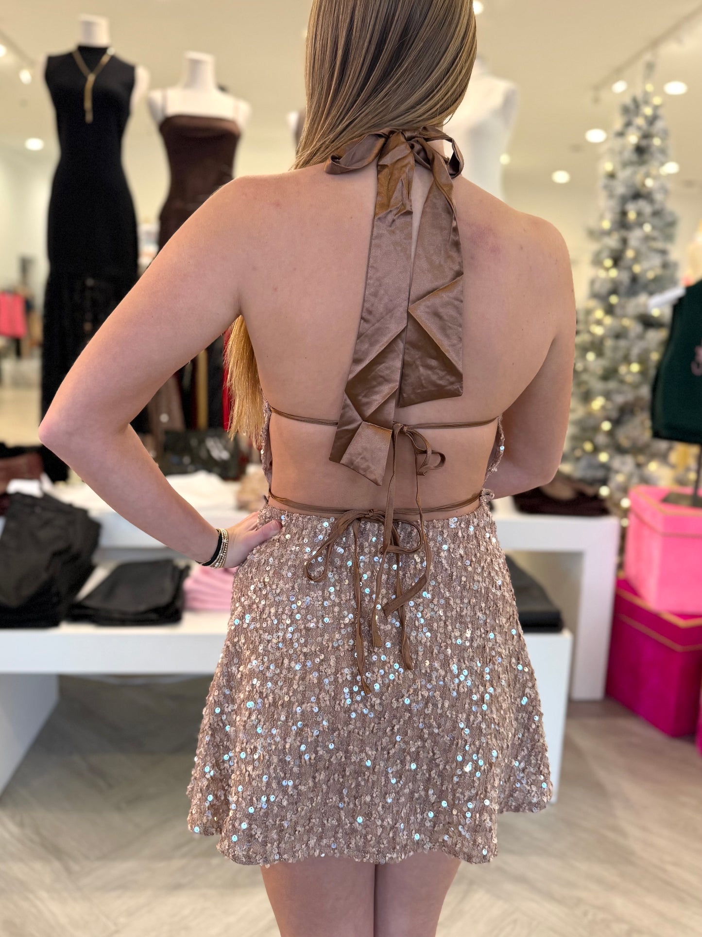 Light Brown Sequin Mini Dress