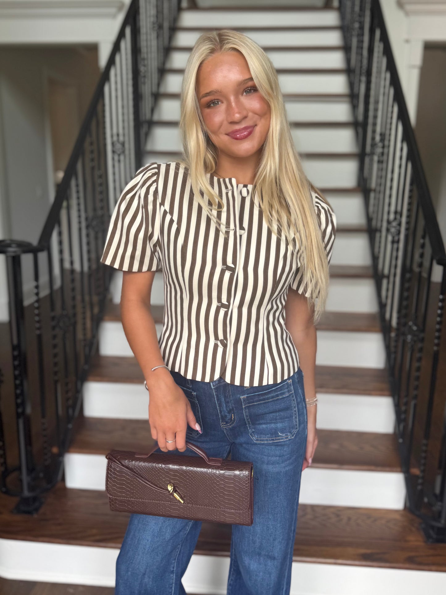 Brown Stripe Button-Up Top