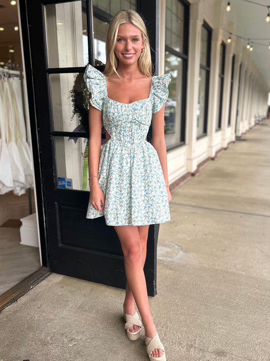 Blue Flutter Sleeve Cutout Mini