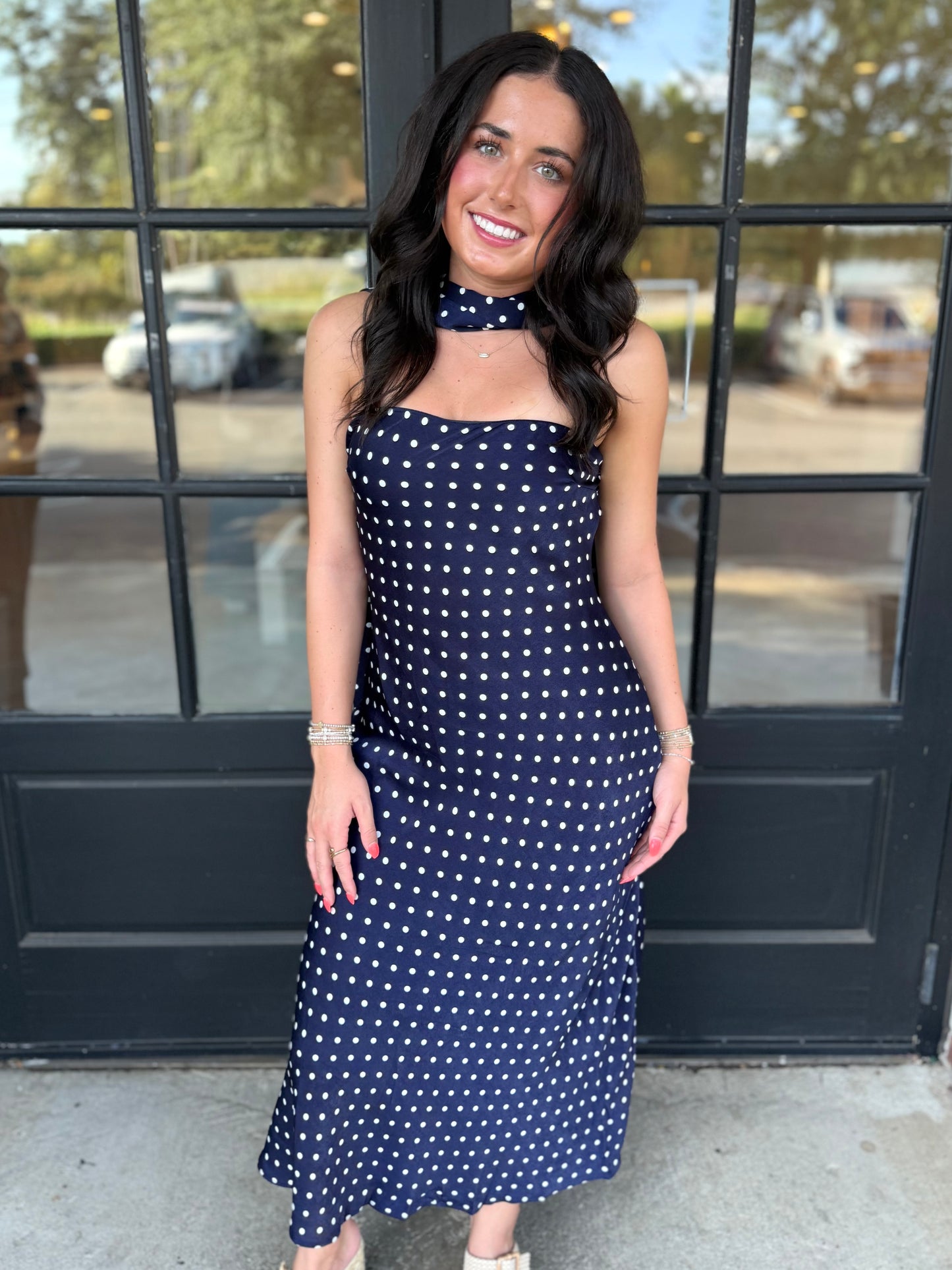 Navy Polka Dot Midi w/ Scarf