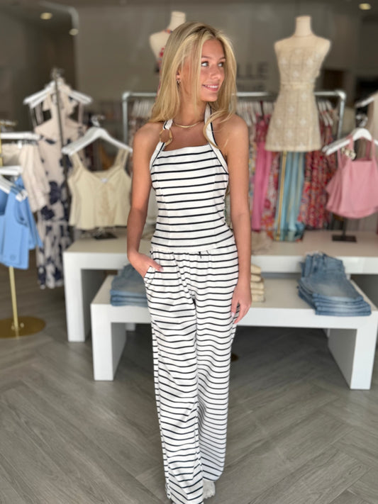 White Navy Stripe Pant