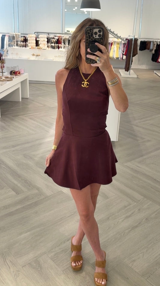 Burgundy Halter Drop Waist Dress