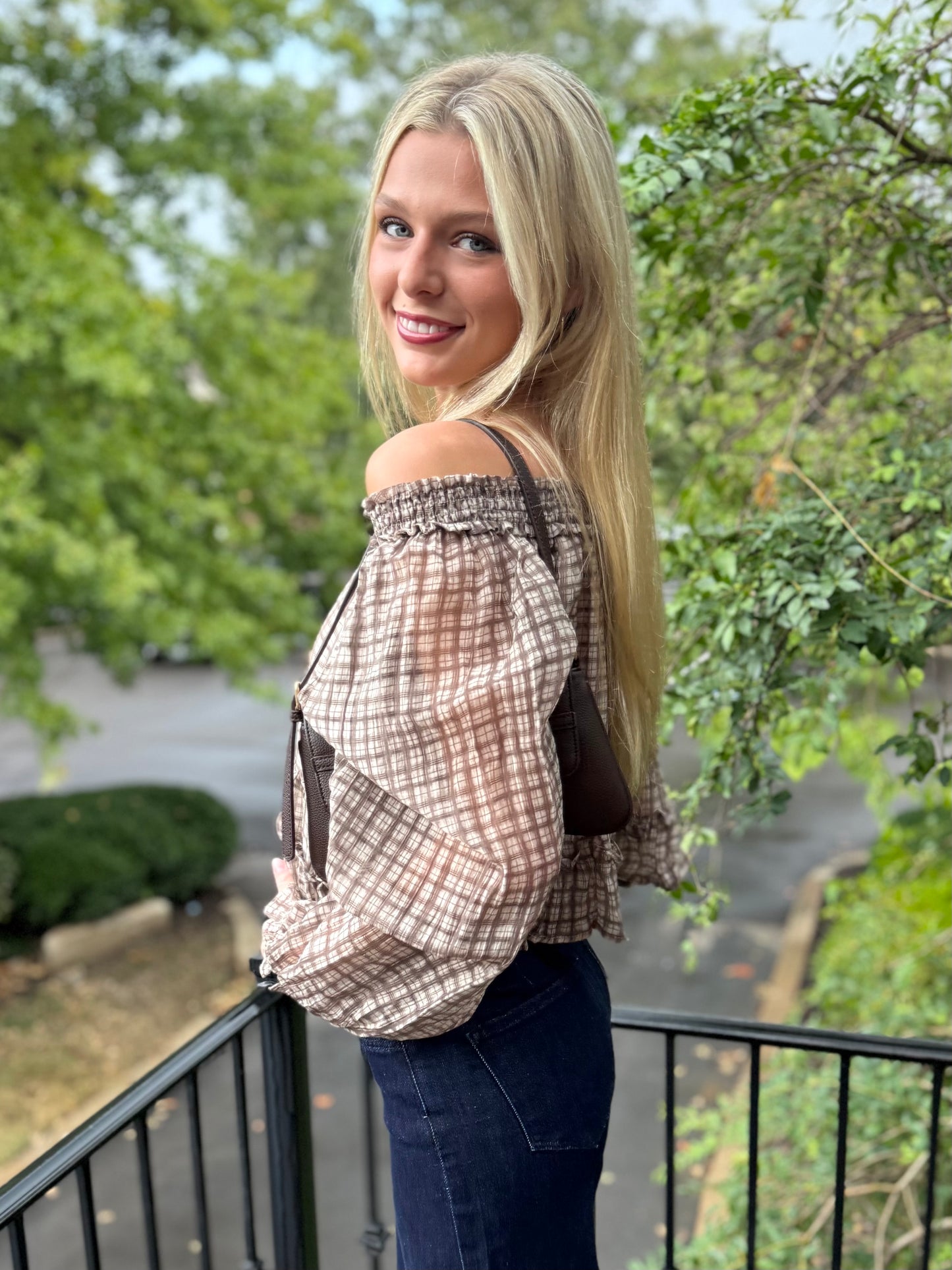 Brown Plaid Smocked Top