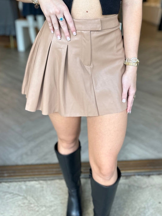 Tan Half Pleated Leather Skirt