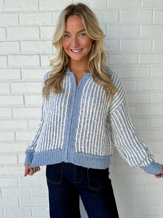 Blue/White Fuzzy Zip Sweater
