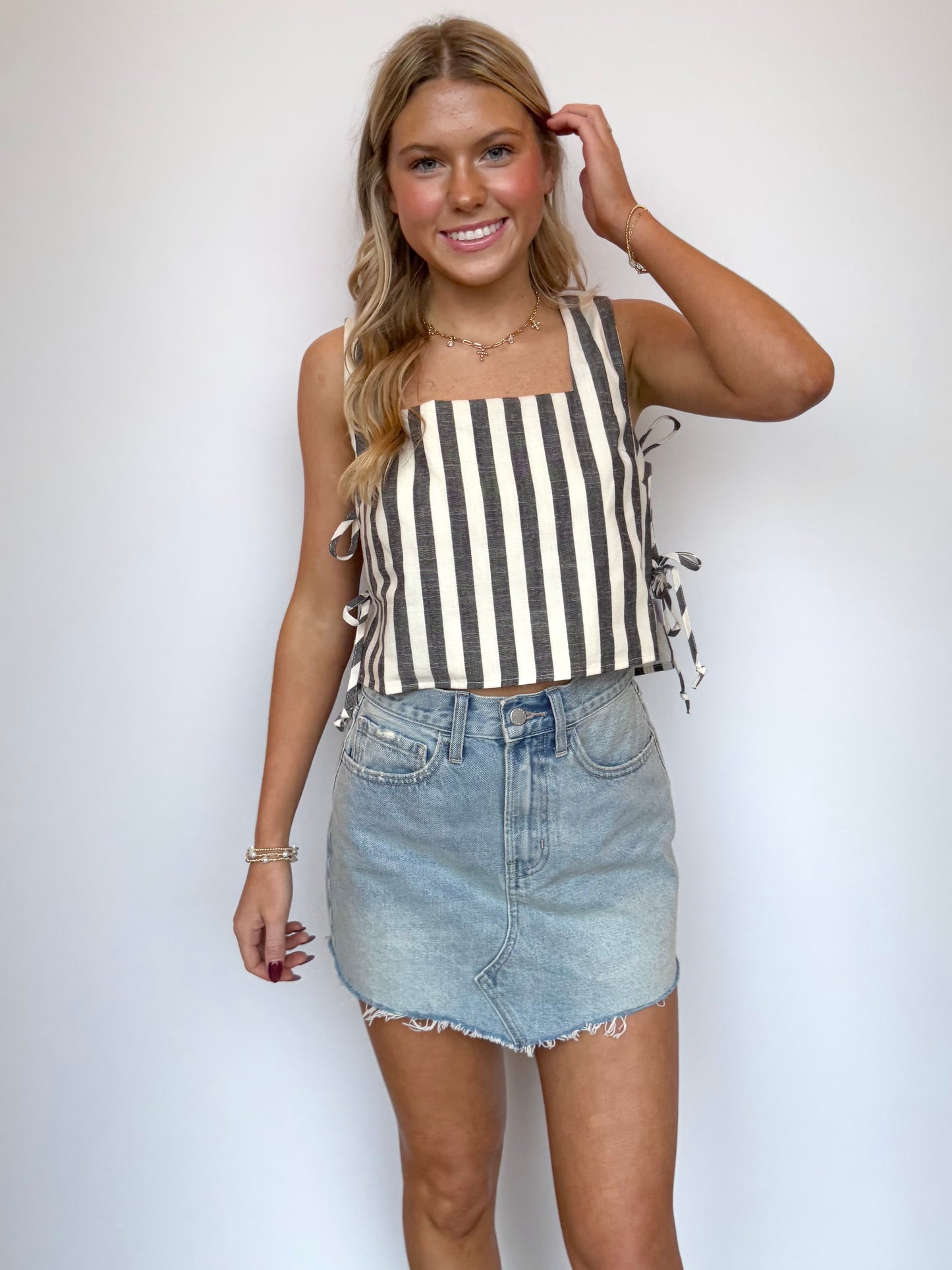 Black Stripe Side Tie Top