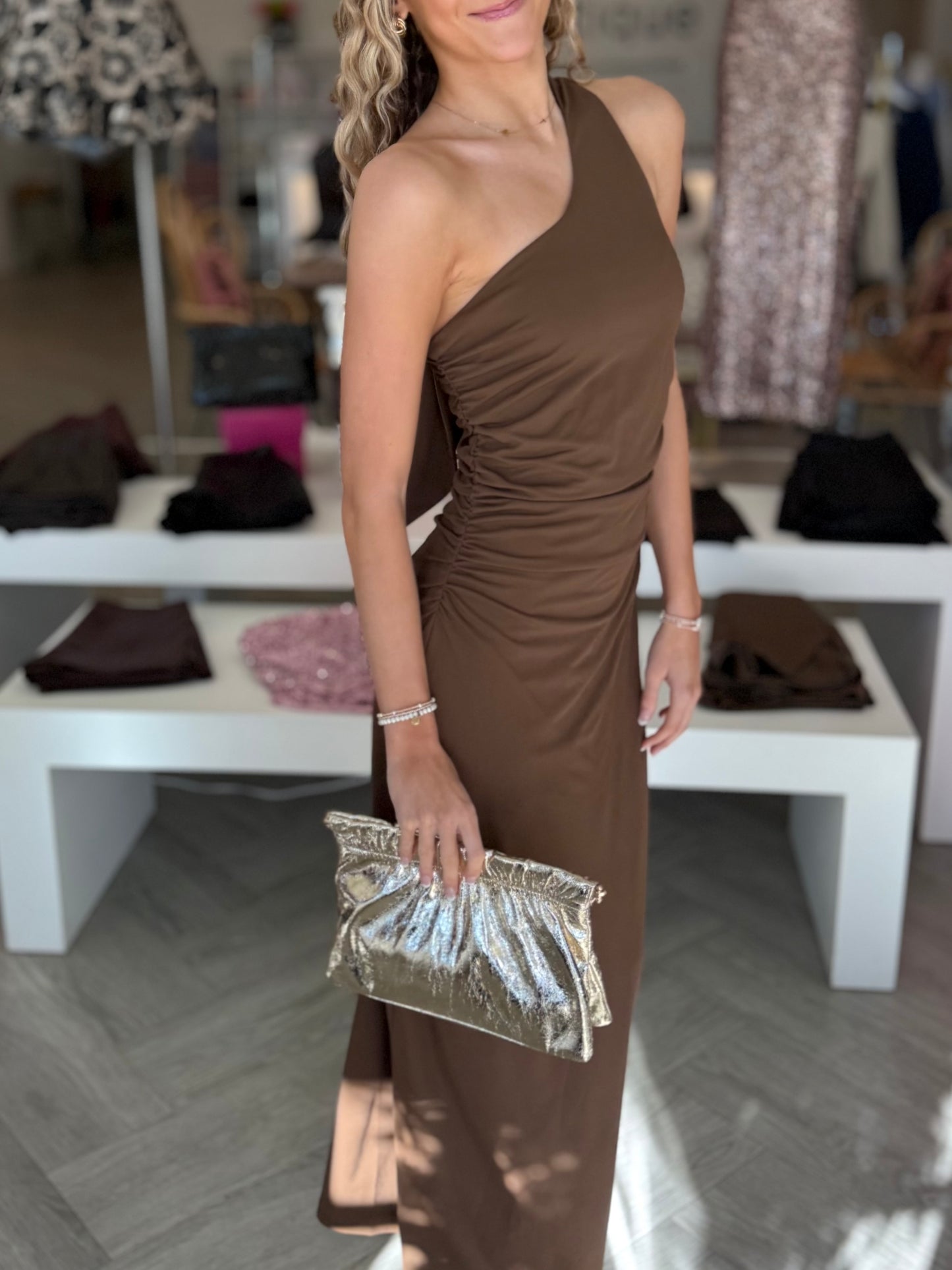 Brown One Shoulder Maxi