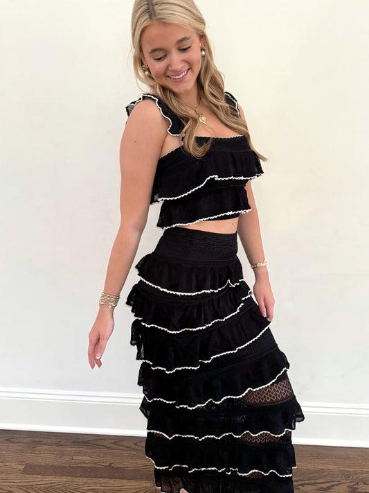 Black Tiered Ruffle Midi Skirt