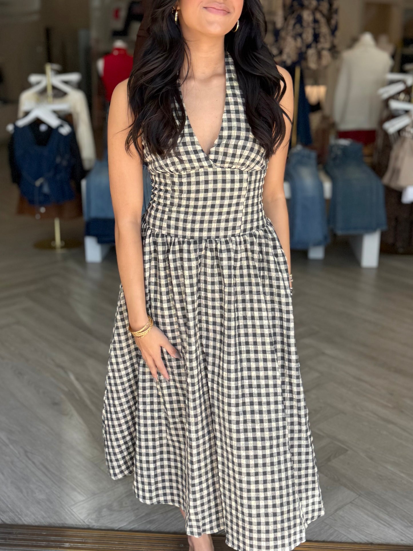 Vintage Checker Fit&Flare Halter Midi
