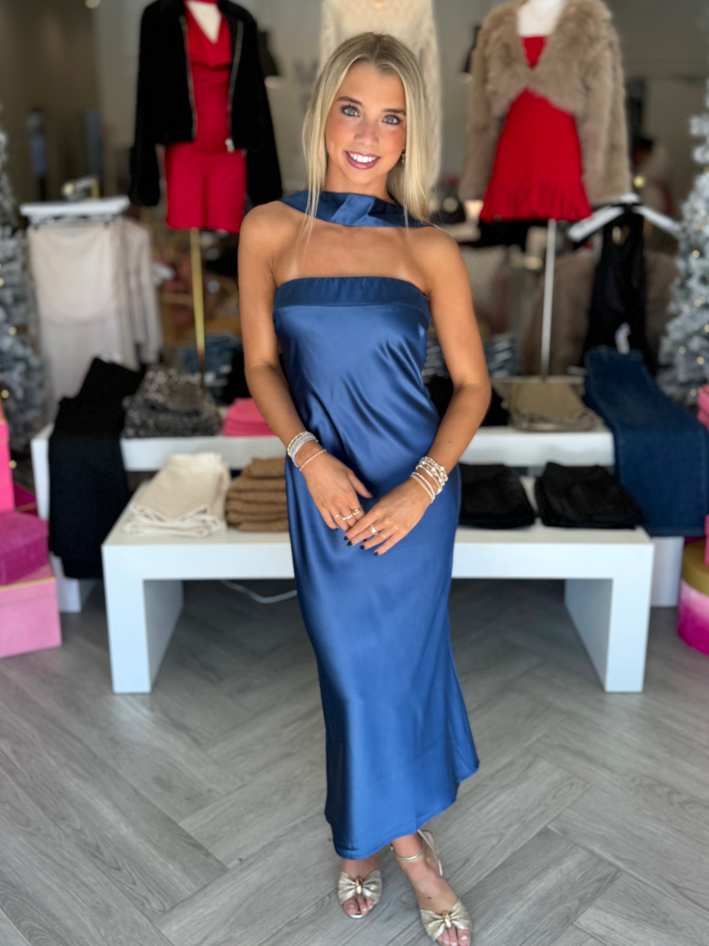 Blue Scarf Satin Midi