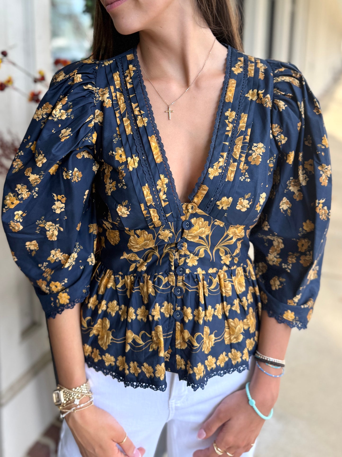 Navy Gold Lace Top