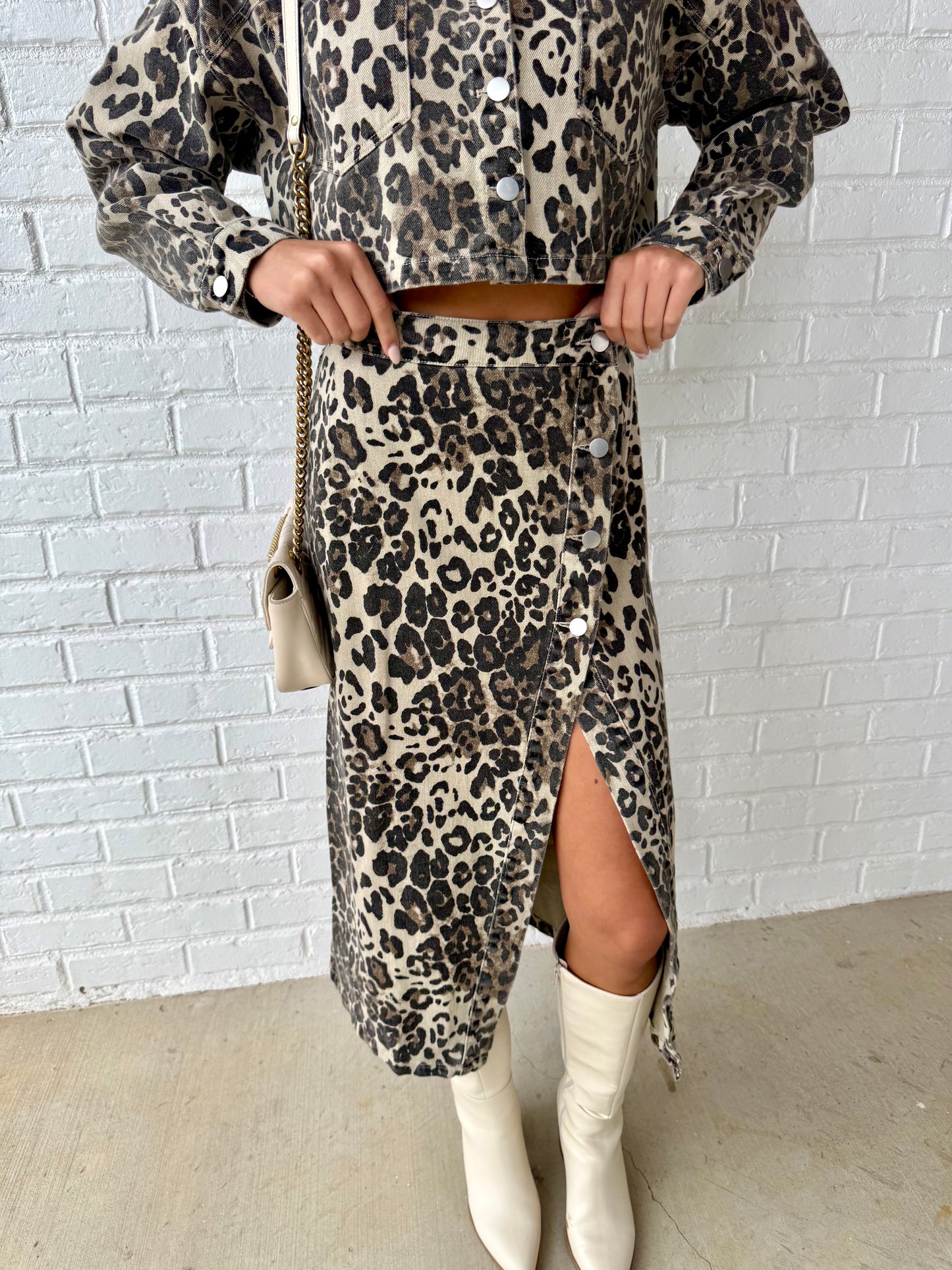 Leopard Denim Slit Midi Skirt
