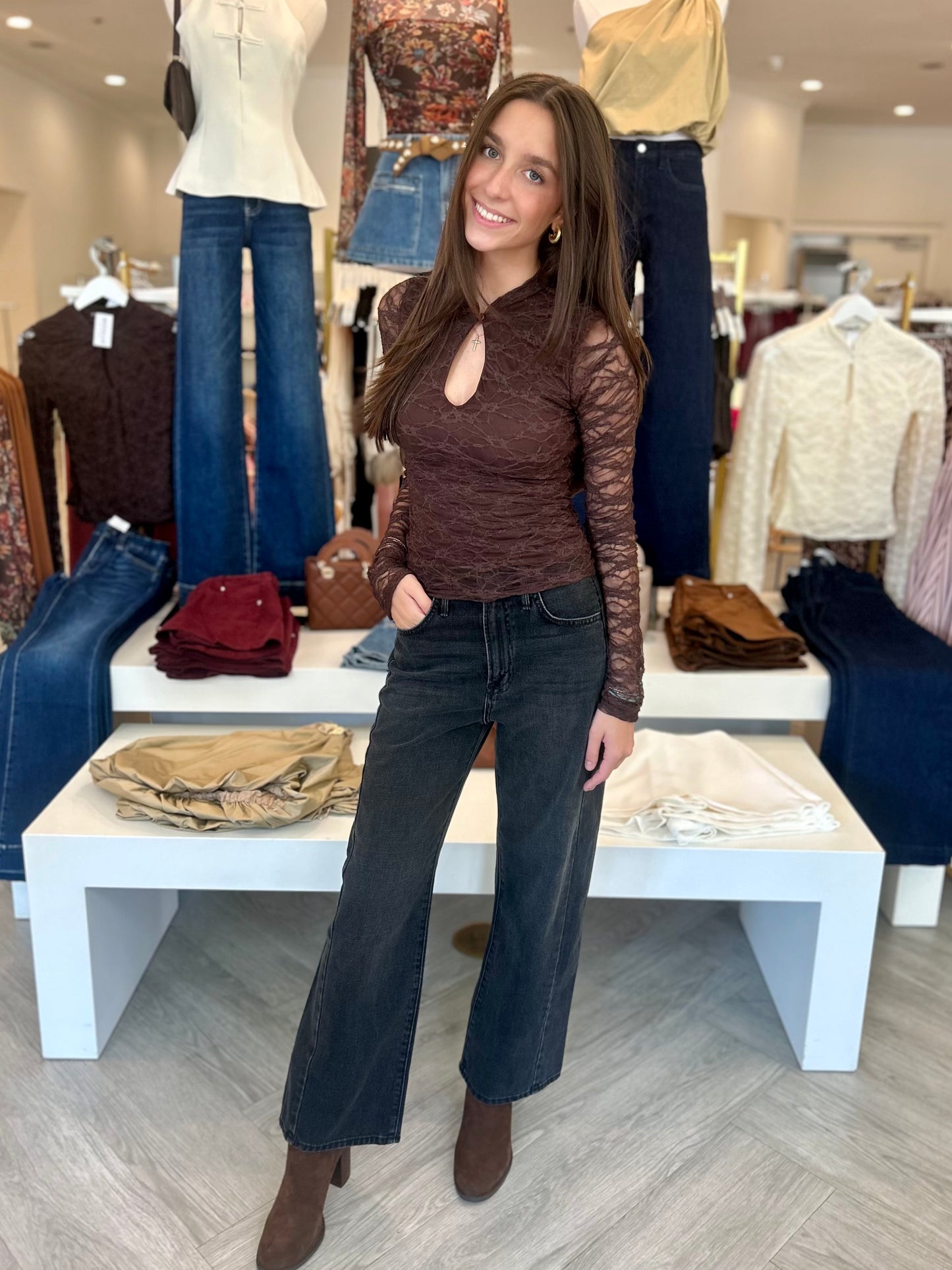 Lace Neckline L/S Top (2 colors)