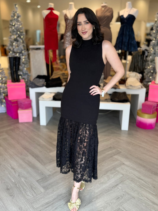 Black Lace Mock Neck Dress