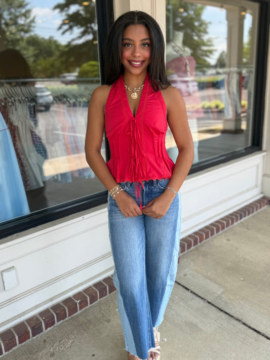 Poplin Lace Trim Halter Top (2 colors)