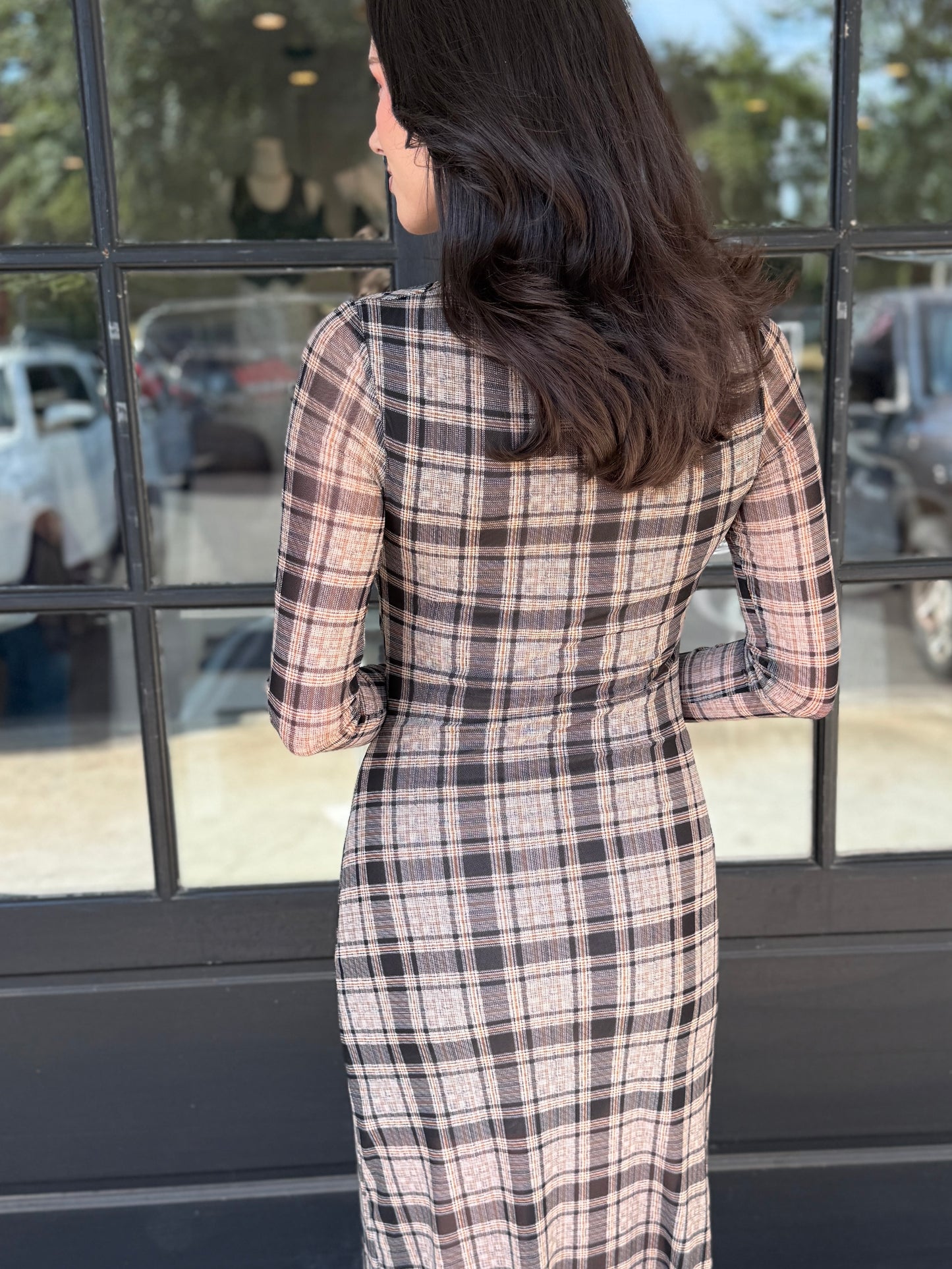 Brown Plaid Mesh Midi