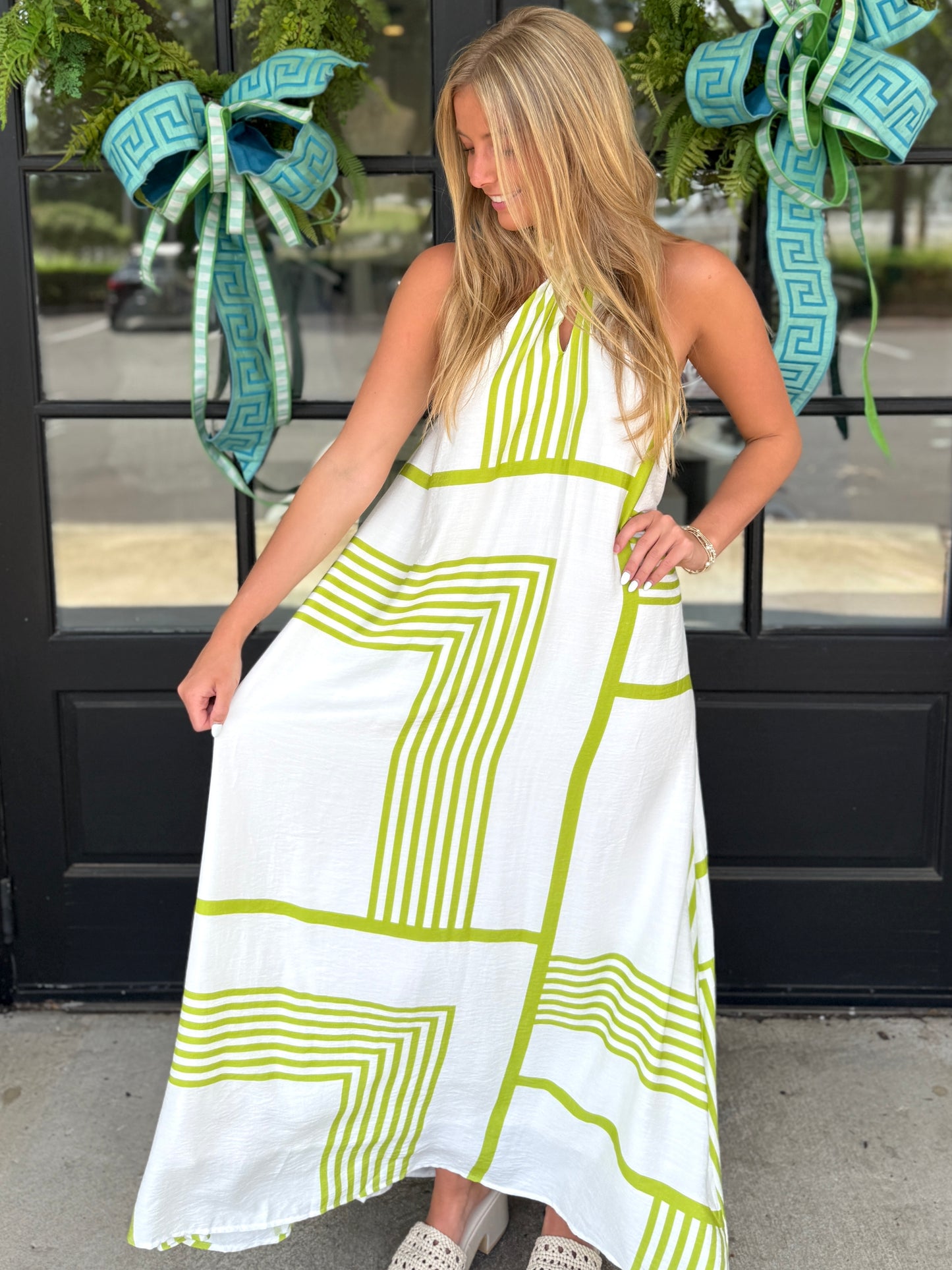 White Lime Stripey Halter Maxi