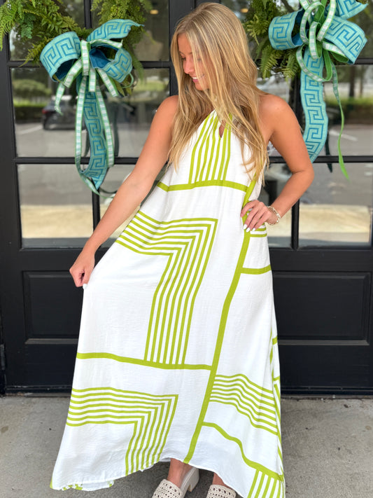 White Lime Stripey Halter Maxi