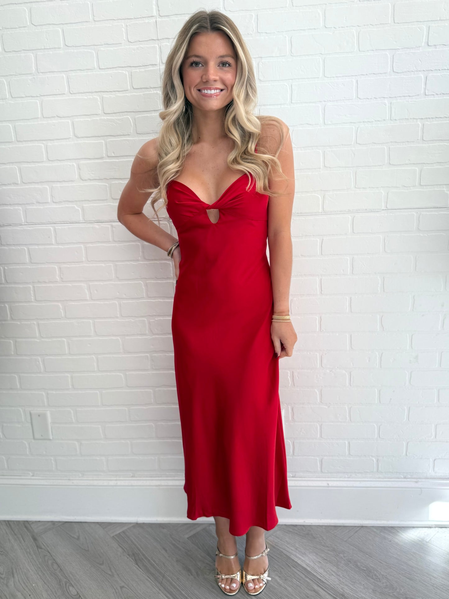 Red Satin Midi Dress