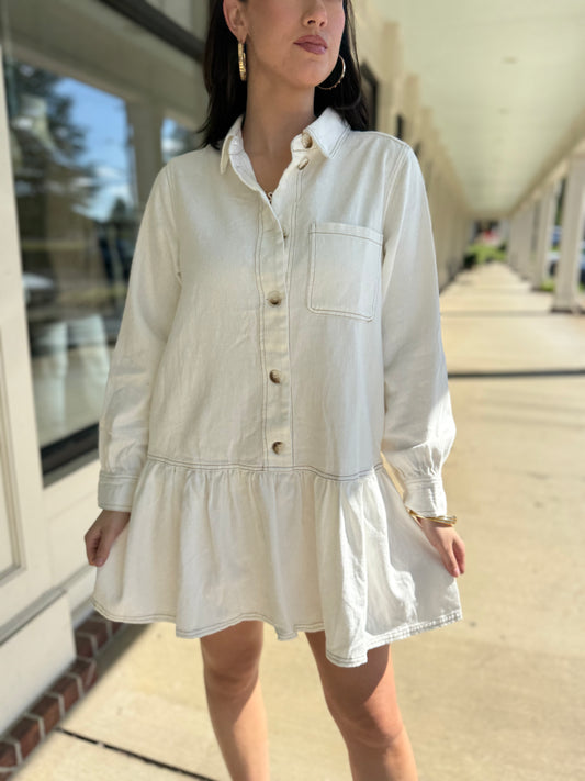 Off White Denim Ruffle Shirt Dress