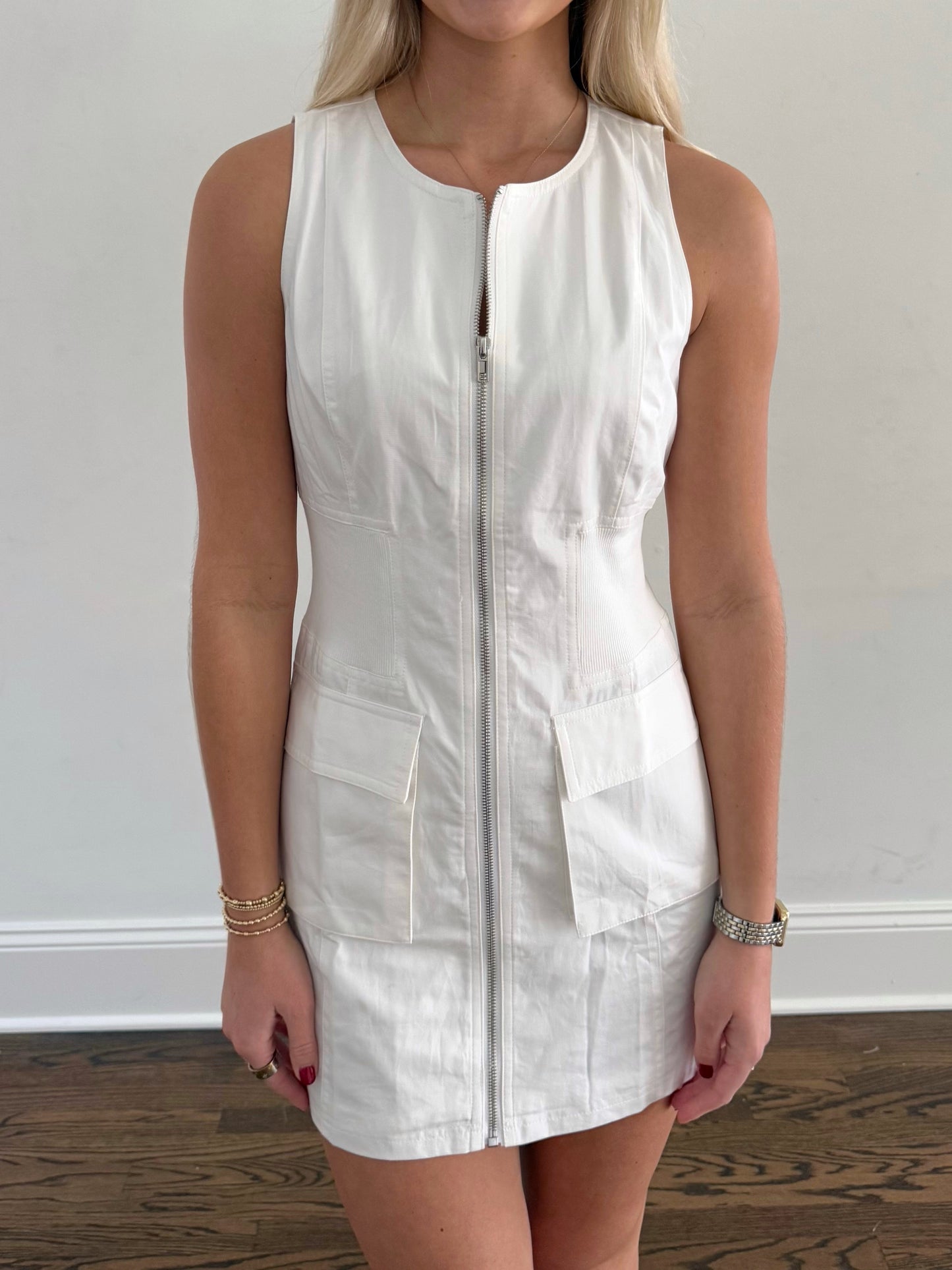 White Pocket Zip Front Dress