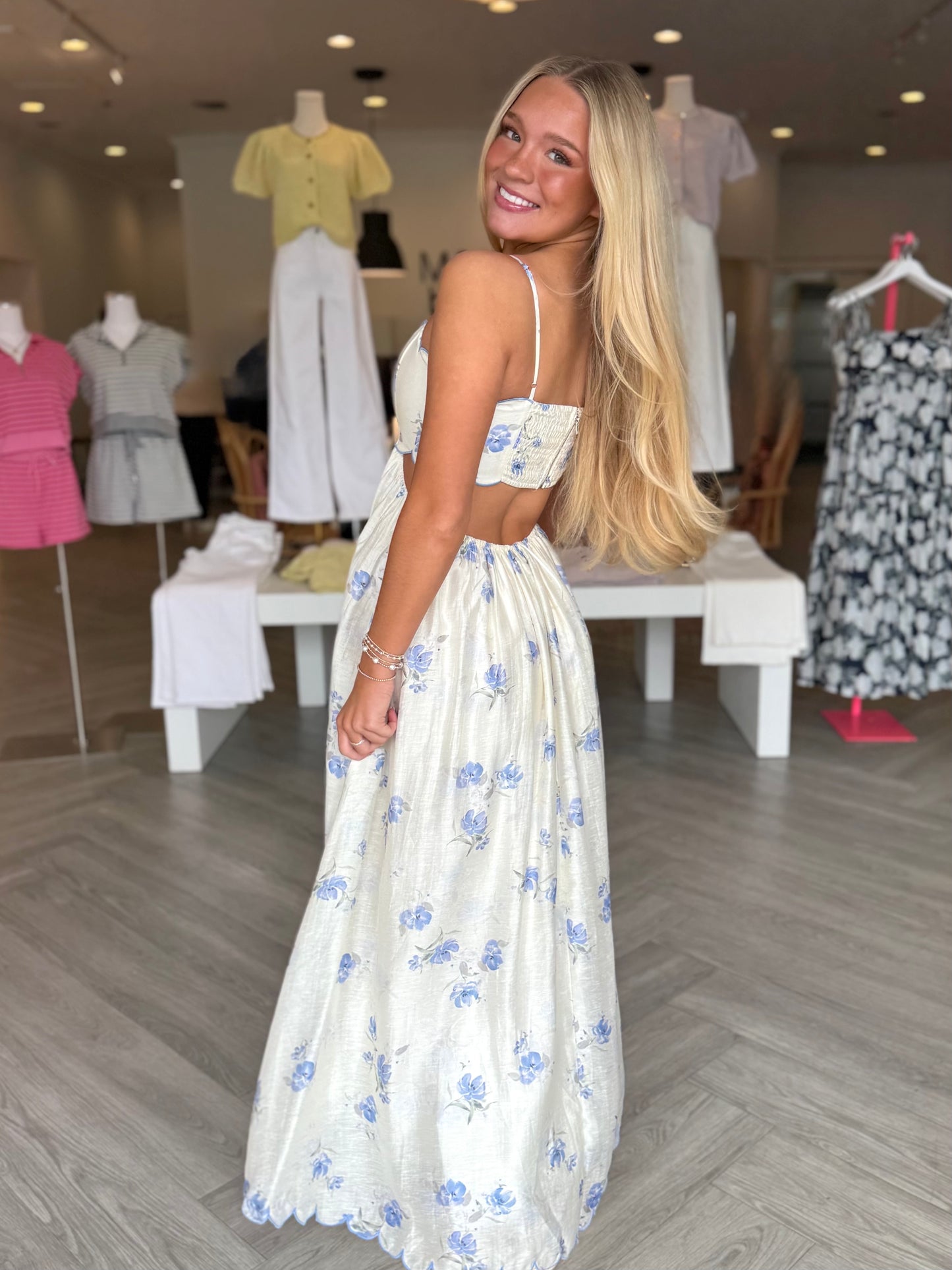 Blue Floral Scallop Midi Dress