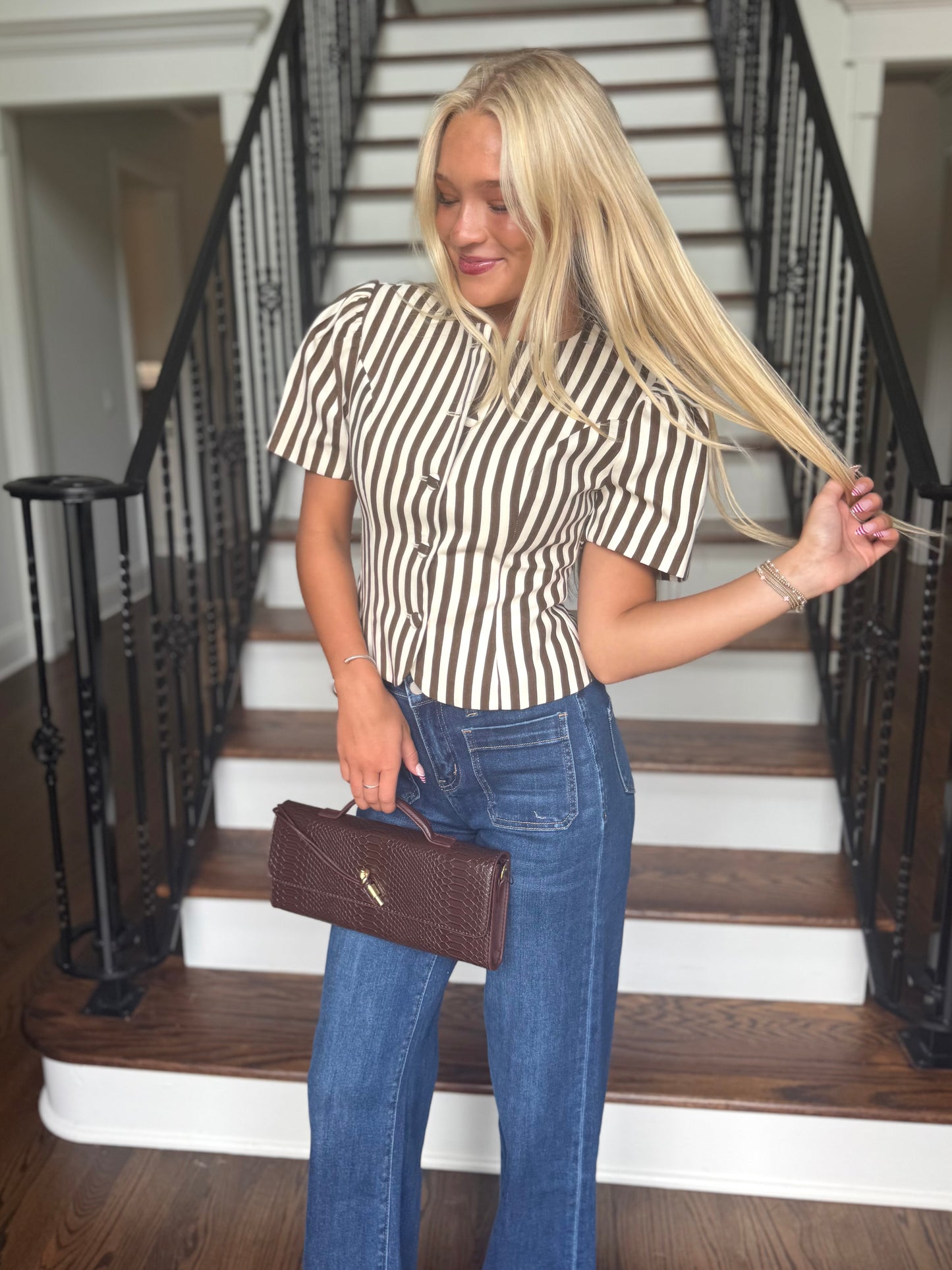 Brown Stripe Button-Up Top