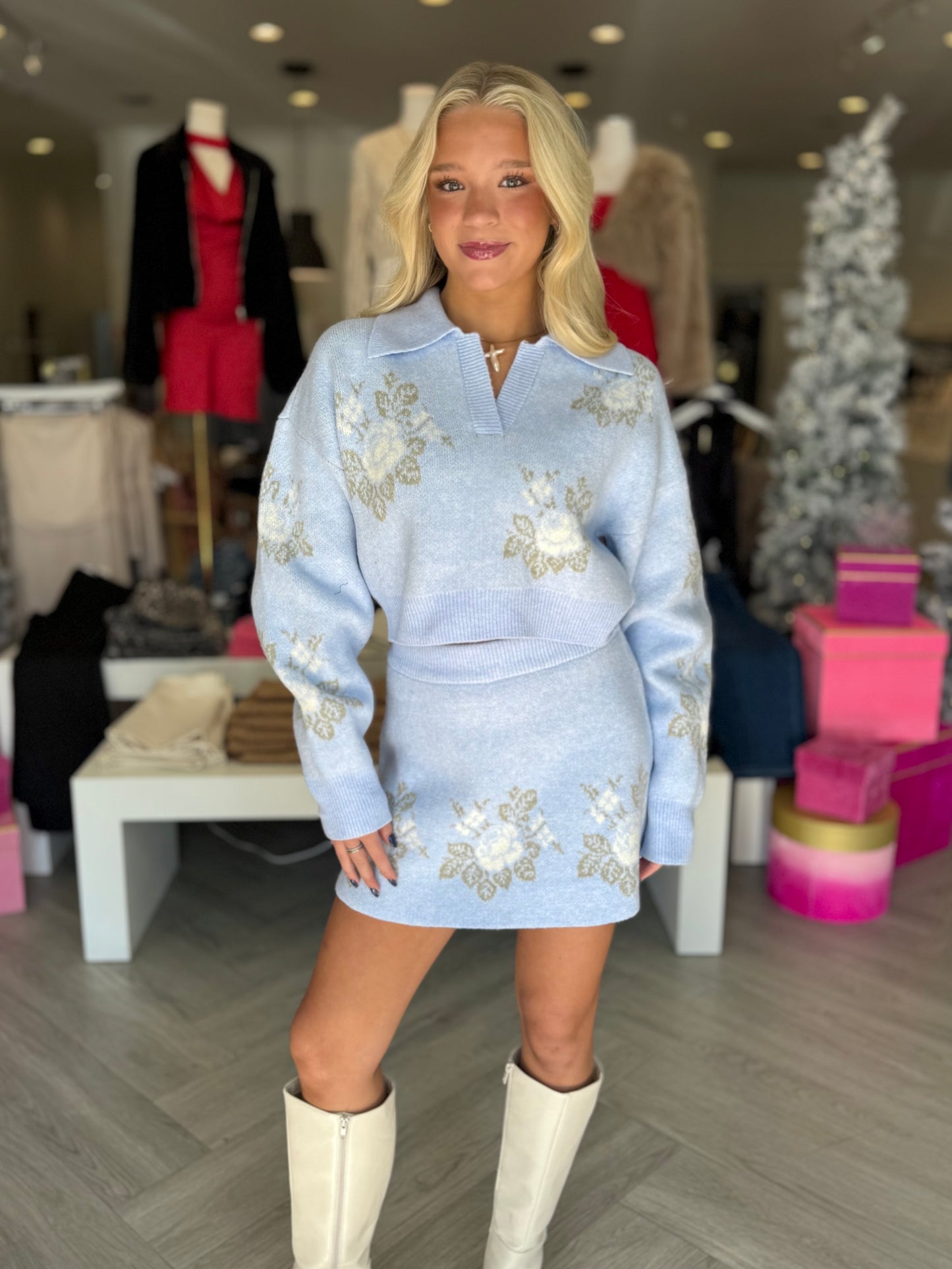 Blue Floral Knit Top